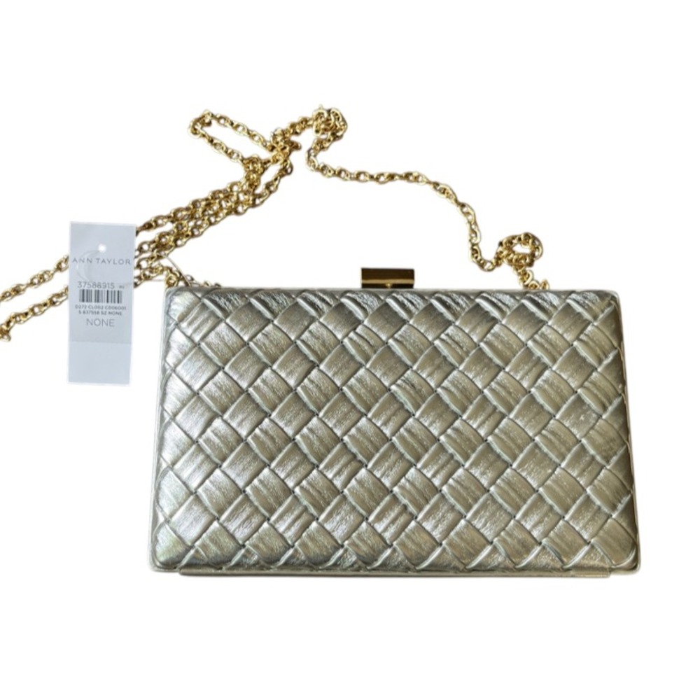 NWT Ann Taylor Box Clutch Bag Evening SILVER WOVEN LEATHER Gold Chain COCKTAIL